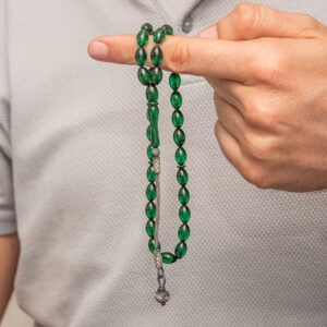 Gümüş Yeşil Kazaz Püsküllü Sıkma Kehribar Tesbih
