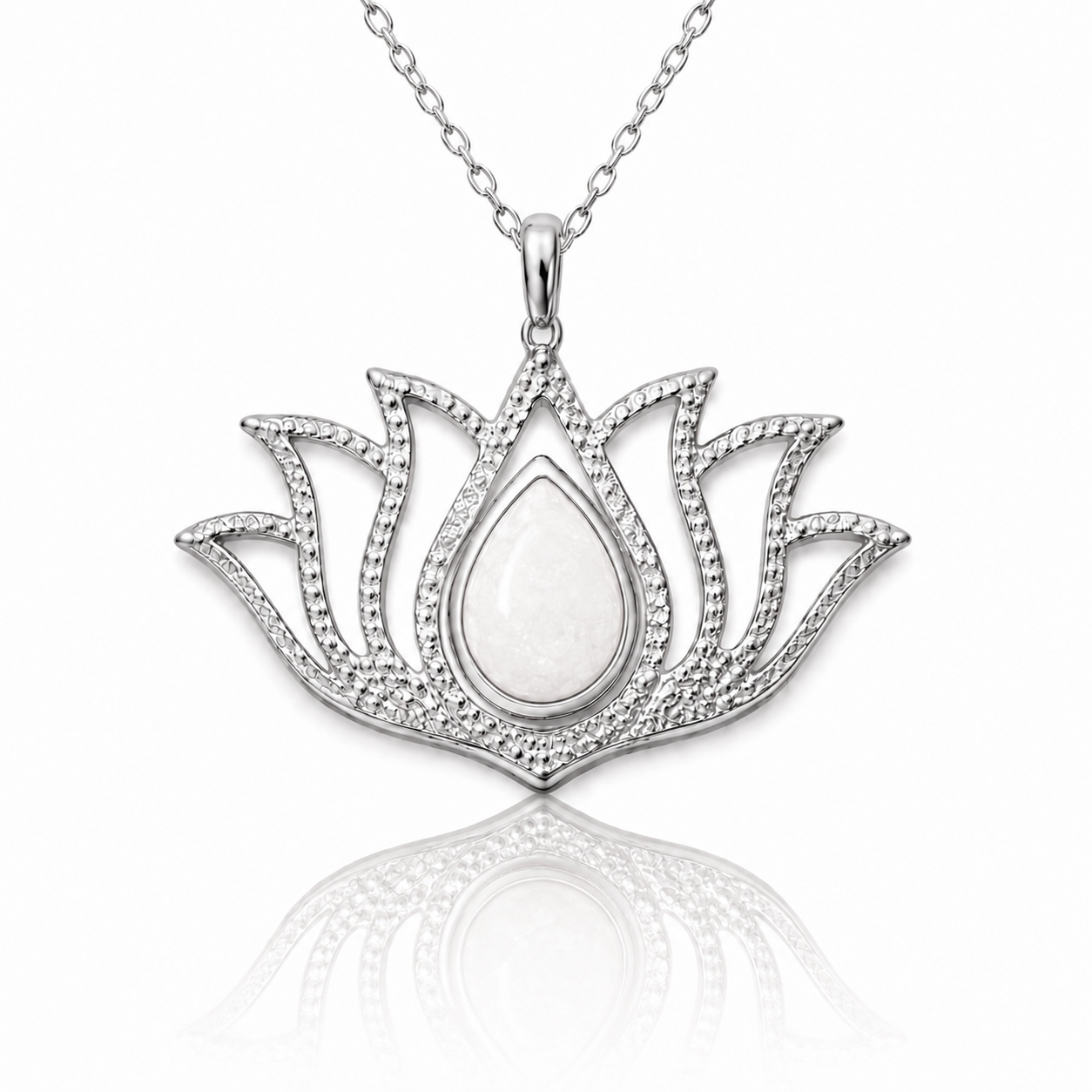 Gümüş Beyaz Opal Taşlı Lotus Kadın Kolye