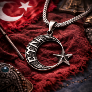 Gümüş Göktürkçe Türk Yazılı Ay Yıldız Erkek Kolye