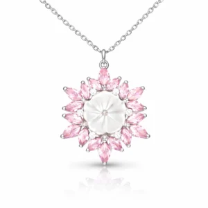 Gümüş Pembe Lotus Desenli Çiçek Kadın Kolye