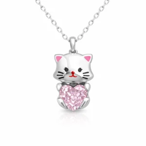 Gümüş Pembe Taşlı Sevimli Kedi Kadın Kolye
