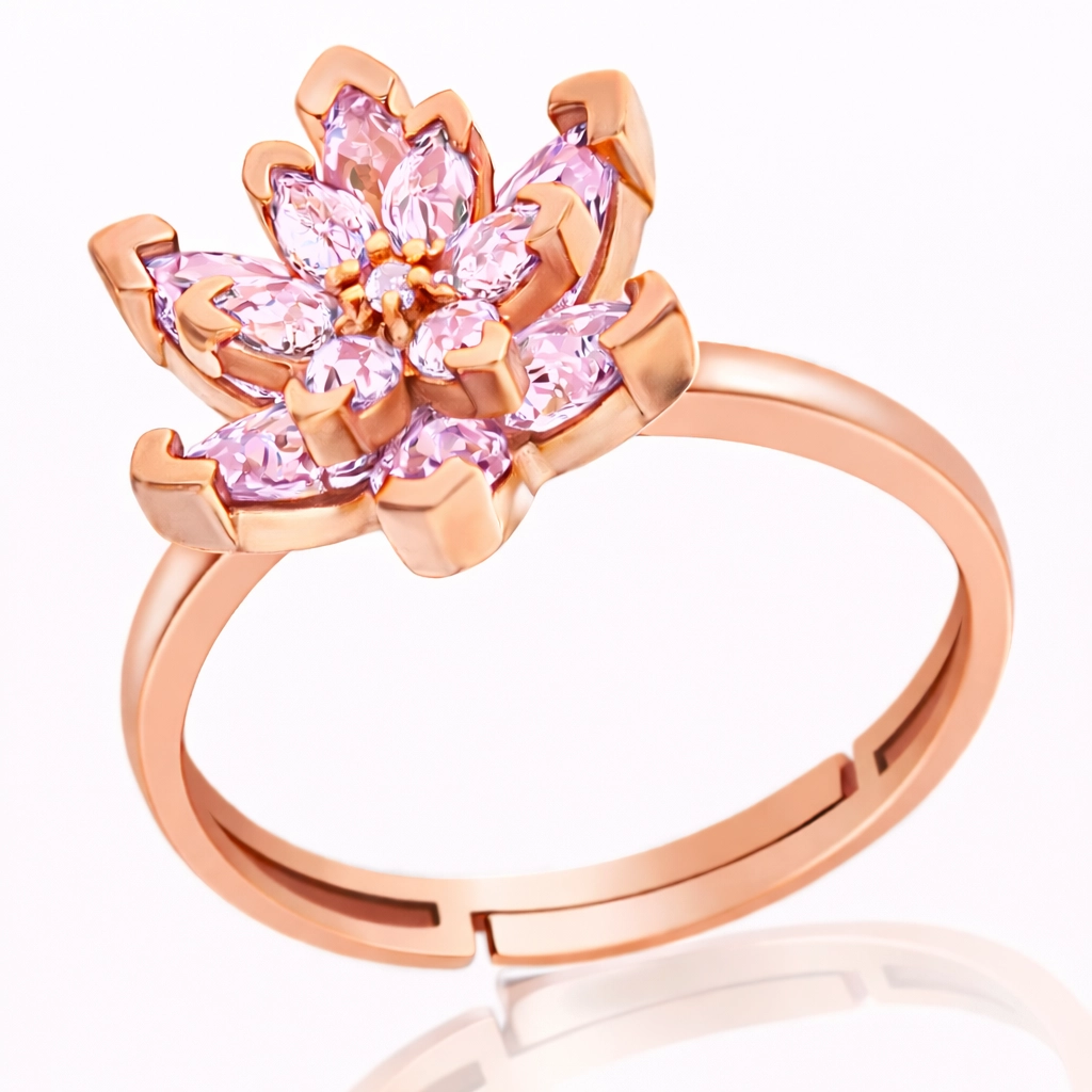 Gümüş Rose Pembe Taşlı Lotus Çiçeği Kadın Yüzük