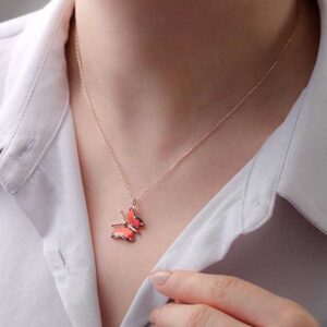 Gümüş Rose Kırmızı Kelebek Kolye