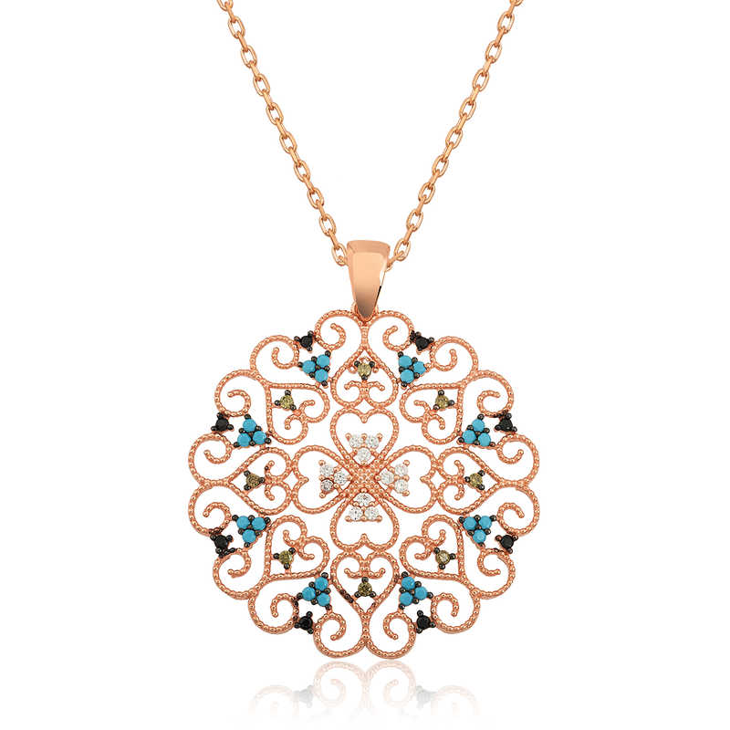 Gümüş Rose Etnik Desenli Madalyon Kolye